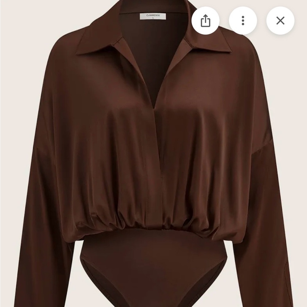 Commense Brown Deep V-Neck Long Sleeve Bodysuit